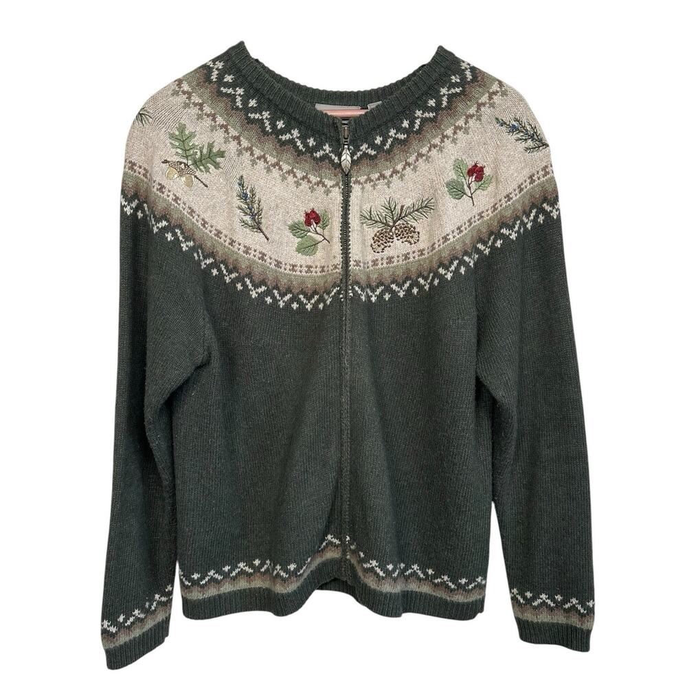 Vintage Croft & Barrow Women’s Green Full Zip Embroidered Angora/Wool Sweater L